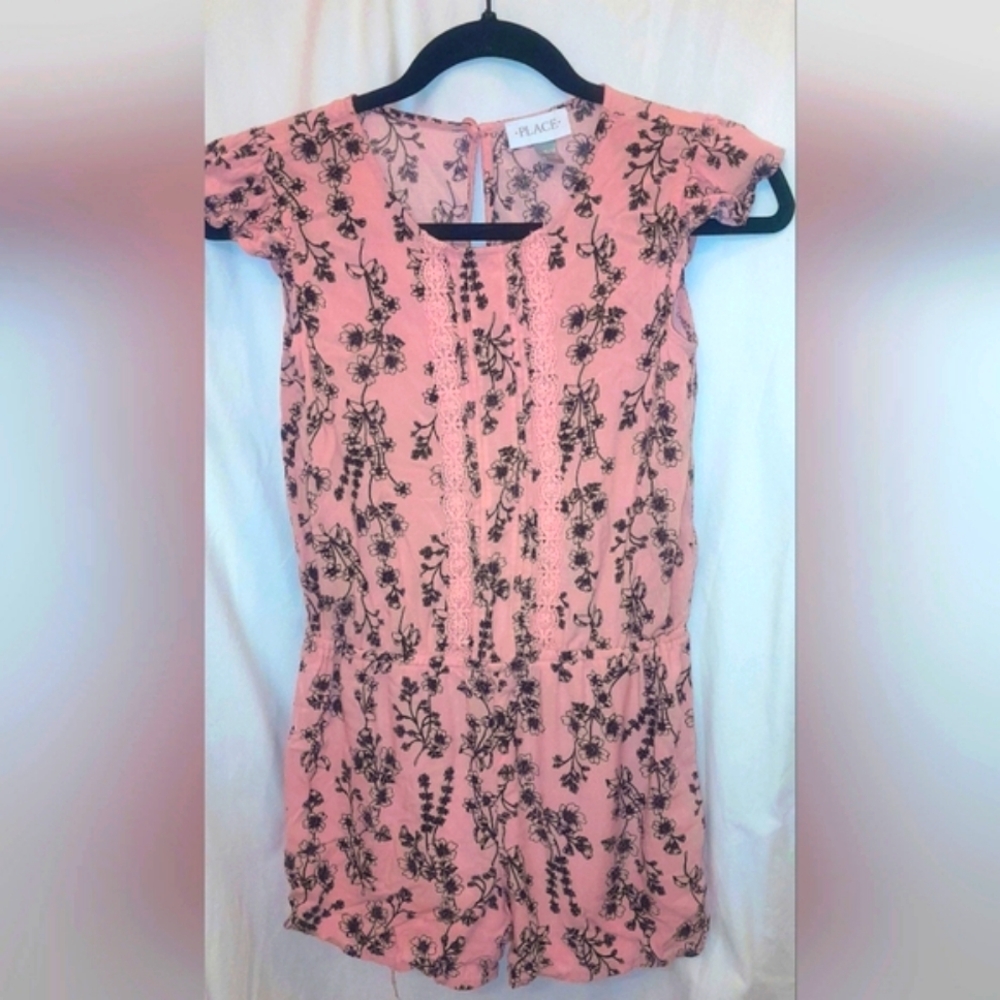 Childrens Place Pink And Black floral girls romper With Ruffles Size 10/12